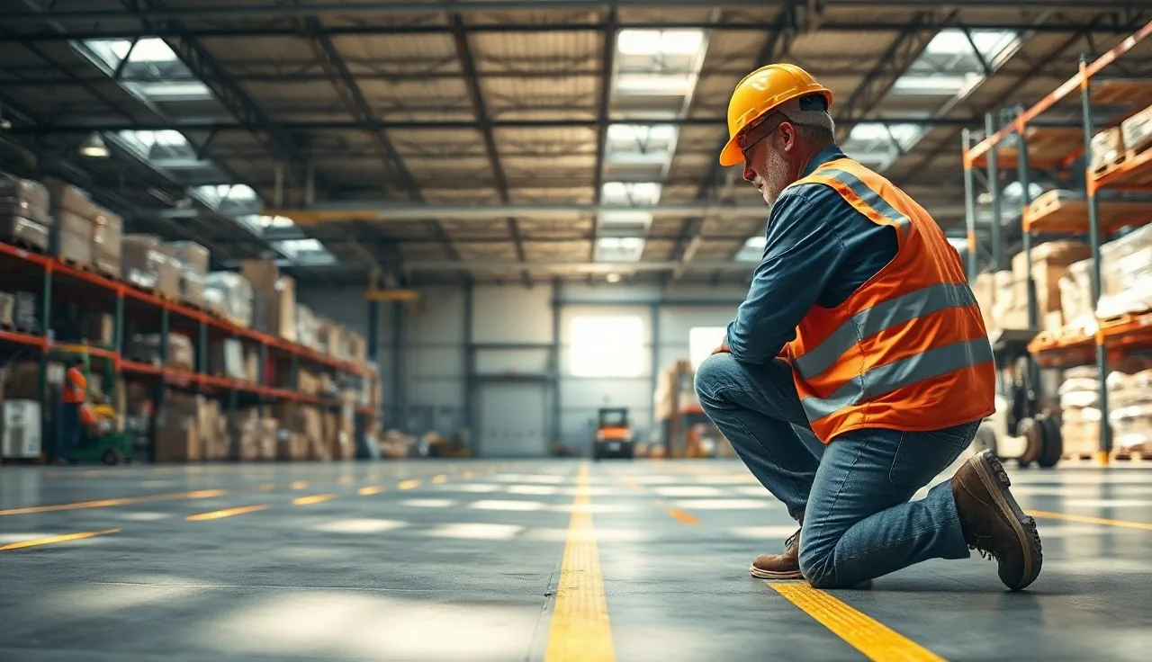 Worker in hard hat inspecting floor safety markings in a large warehouse