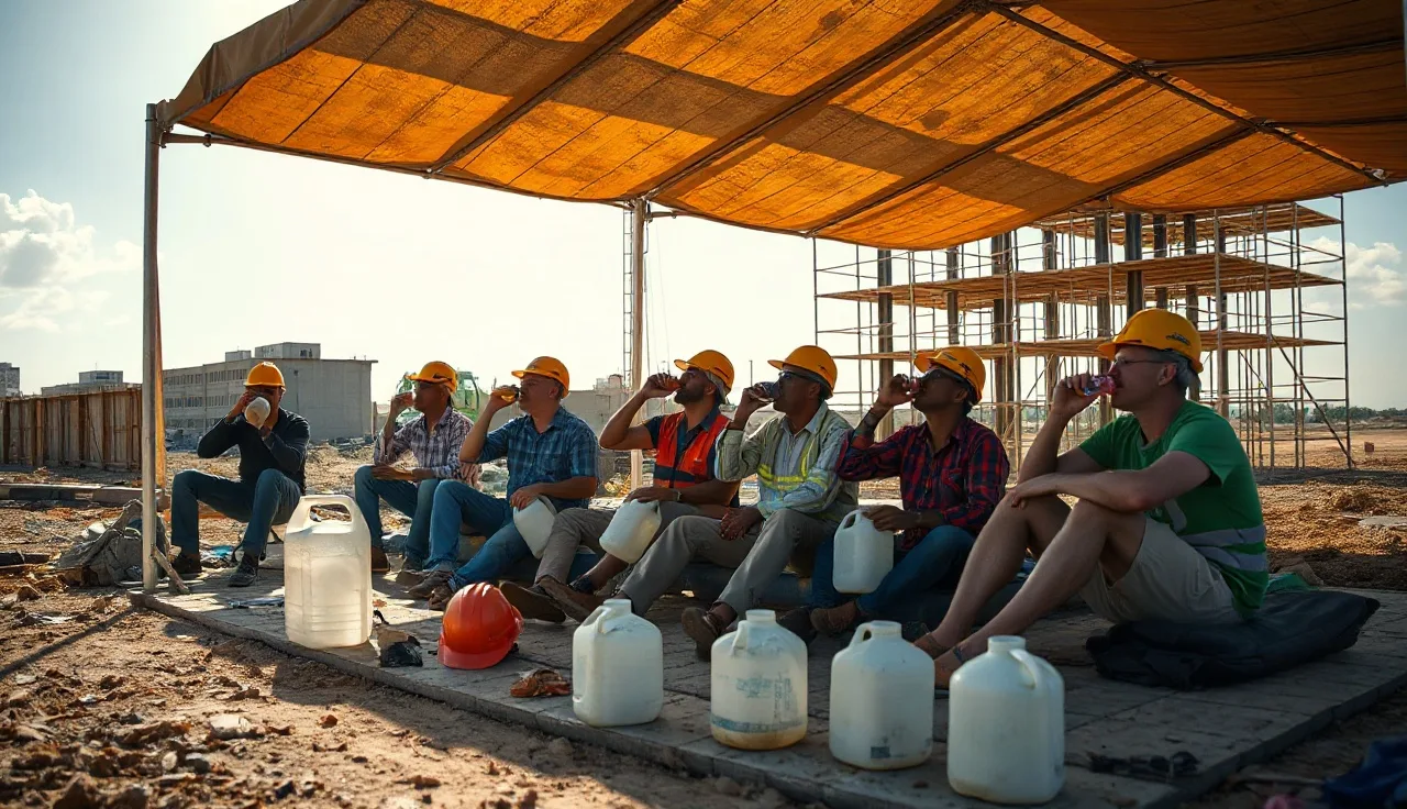 Construction workers resting in portable shade and drinking water on a hot day