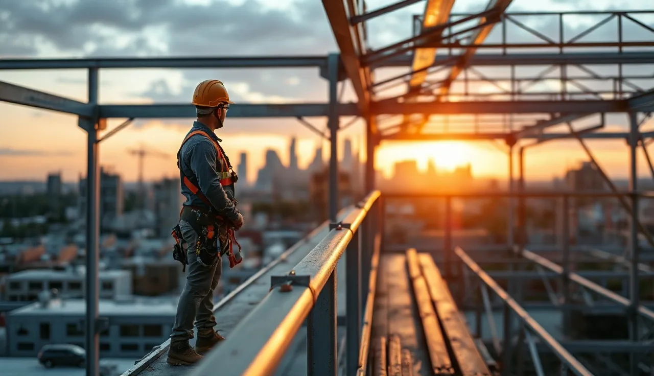 Worker beside guardrail on high-rise steel frame at dusk, fall protection visible