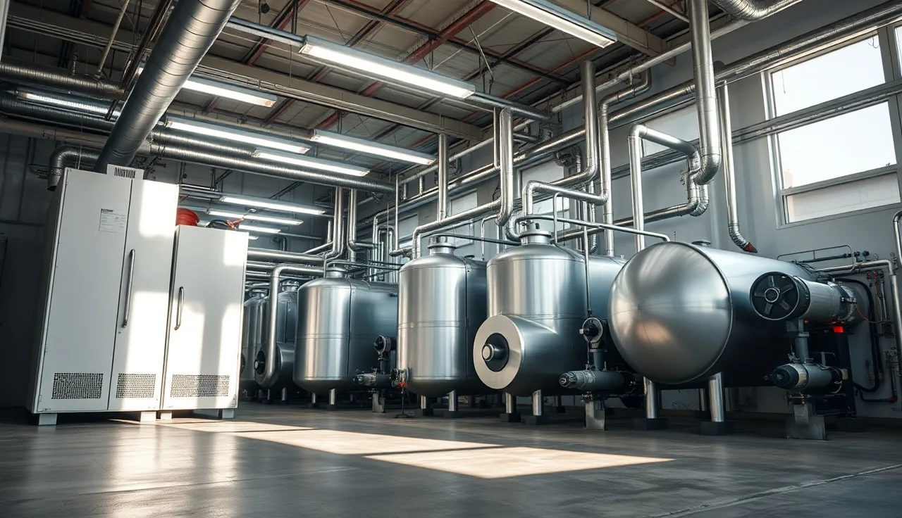 Large industrial refrigeration vessels and piping in a facility equipment room