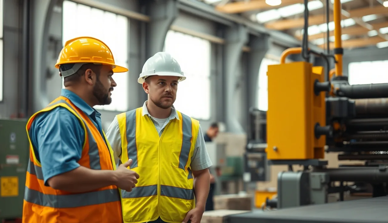 Two workers in safety vests discussing machinery on a factory floor, illustrating host employer temp worker safety