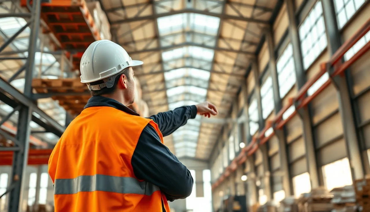 Worker in hard hat pointing at a warehouse hazard during safety report