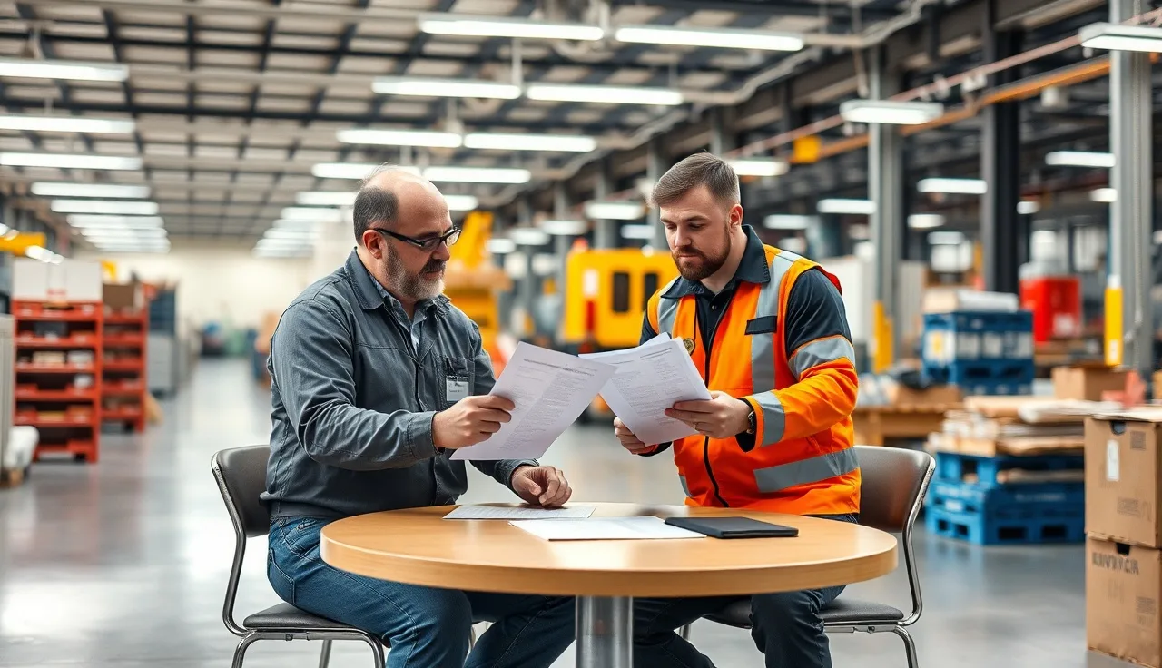 Safety manager and supervisor reviewing injury documentation at a factory conference table