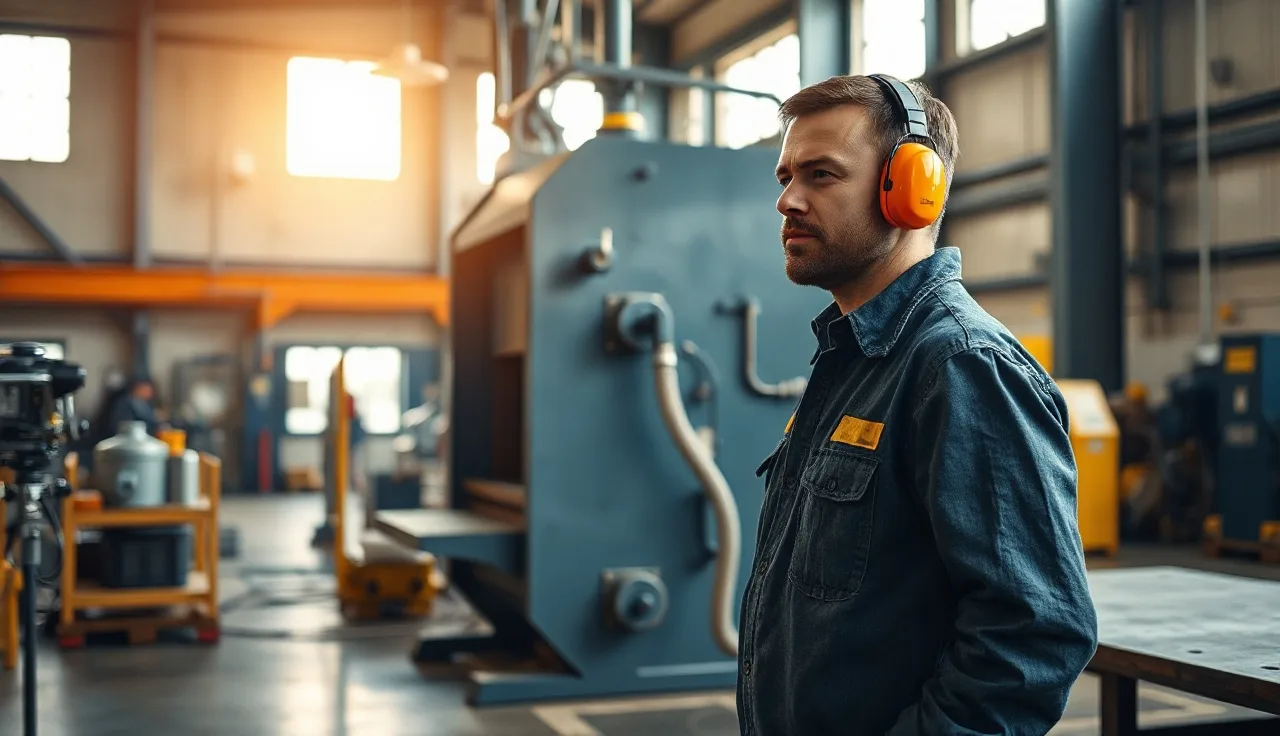 Factory worker wearing orange earmuffs standing near a metal stamping press