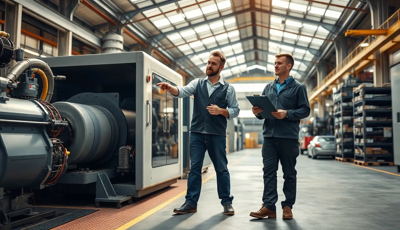 Two workers examining industrial machinery during a job hazard analysis walkthrough