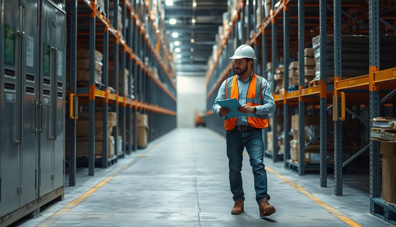 Supervisor with clipboard conducting a safety walkthrough in an industrial warehouse aisle