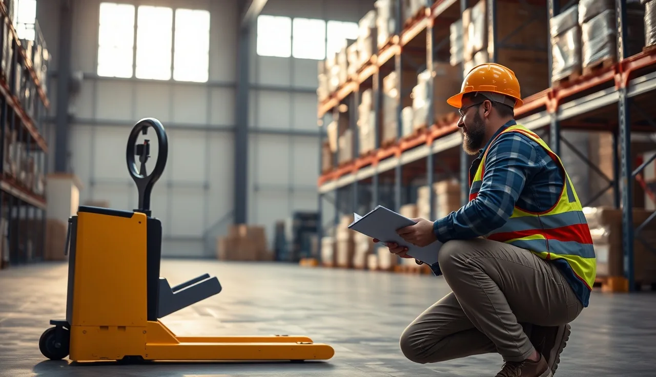 Two workers reviewing a new job task hazard assessment on a warehouse floor