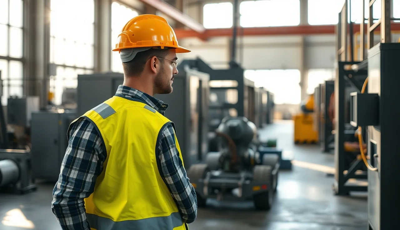 Worker in hard hat inspecting machinery on a manufacturing floor