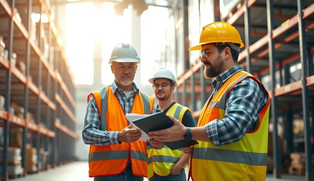 Supervisor reviewing safety enforcement checklist with workers in a warehouse