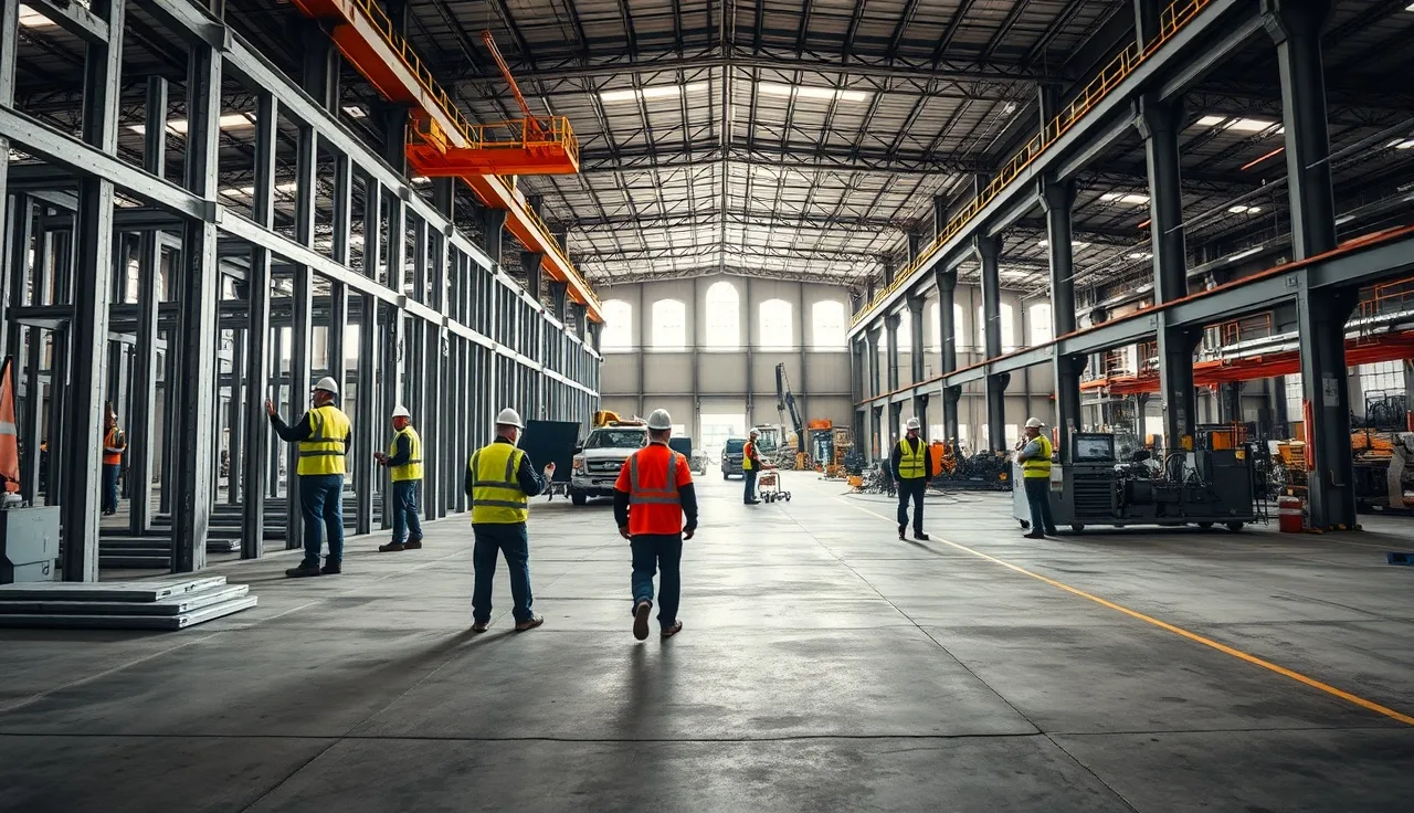 Two work crews in a factory, one doing construction work and one running production equipment