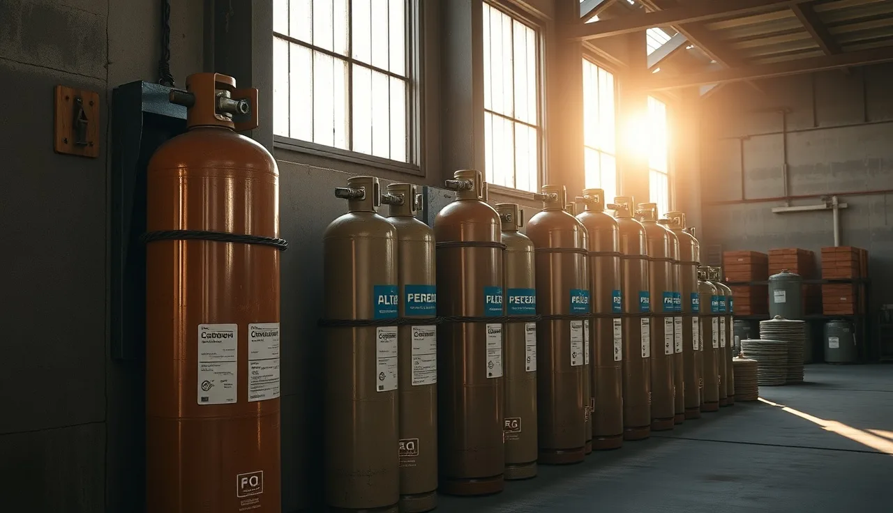 Compressed gas cylinders secured upright with chains in an industrial storage area