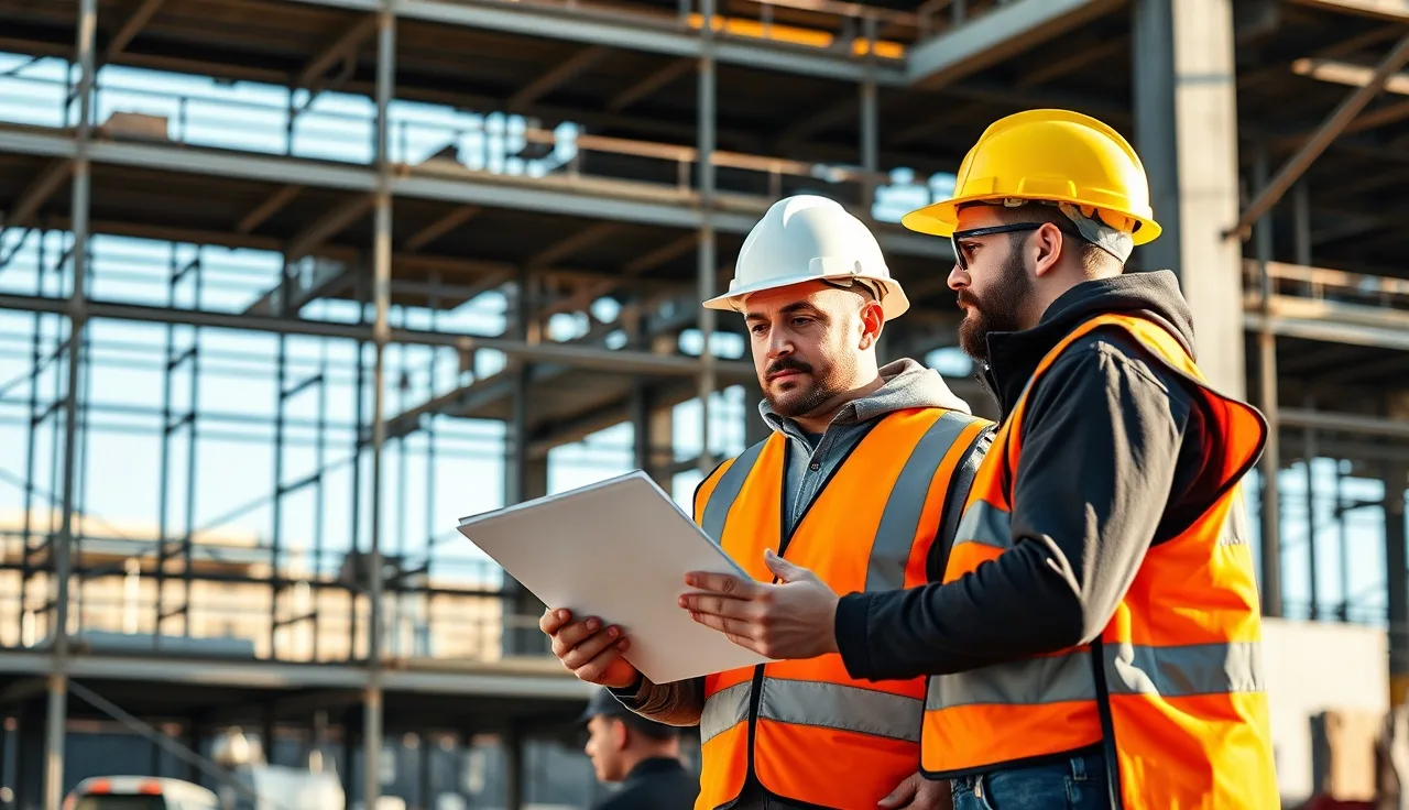 Two workers on a construction site reviewing subcontractor safety documentation together