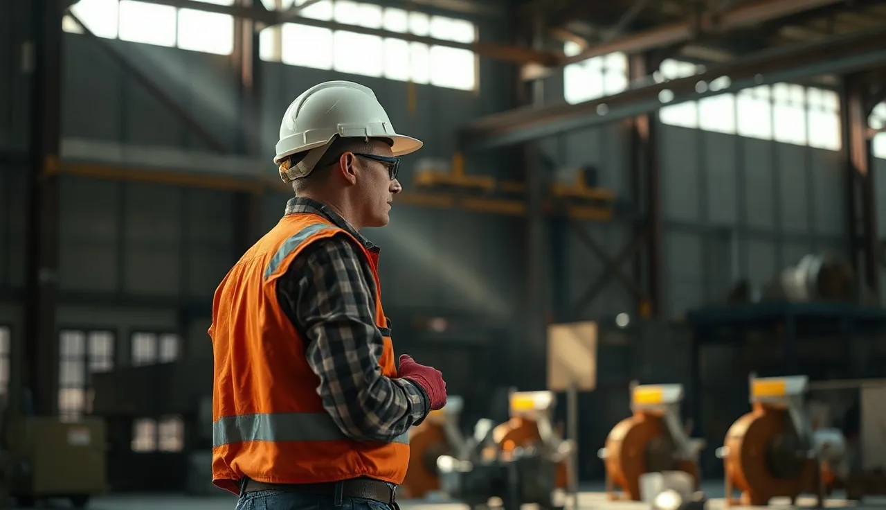 Worker in hard hat pausing near industrial machinery in a warehouse, assessing a hazard