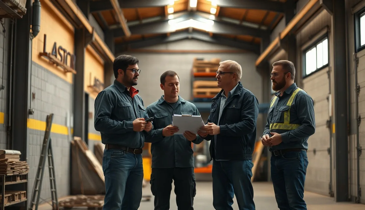 Small business workers gathered for a safety committee meeting in a warehouse