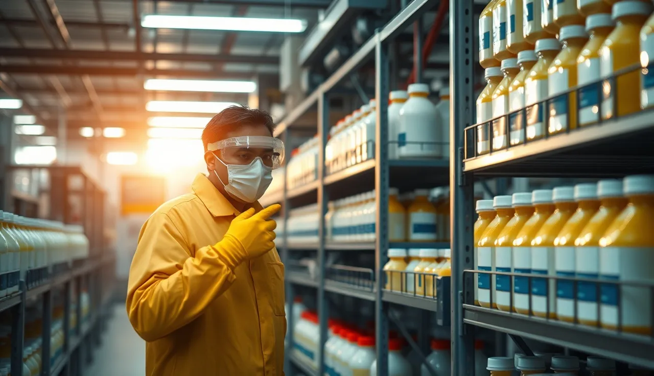 Worker in chemical PPE checking hydrochloric acid containers on industrial shelving
