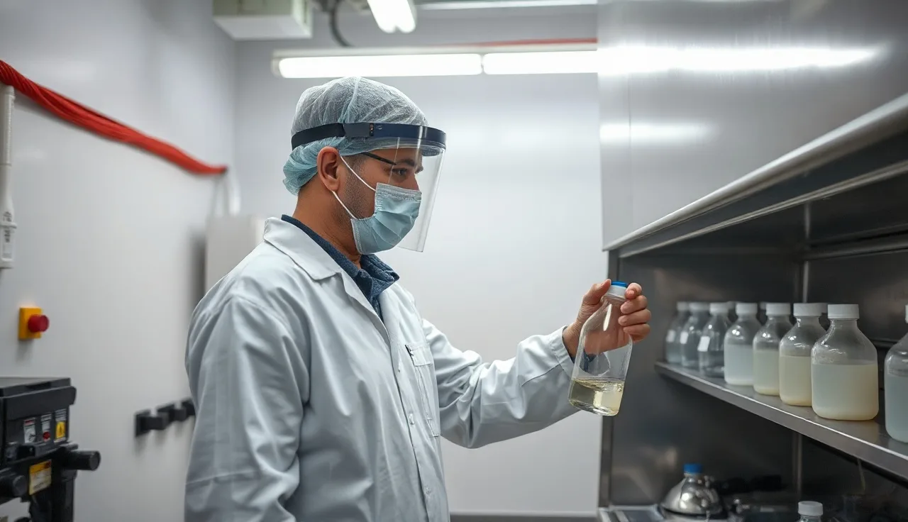 Worker in face shield handling hydrogen peroxide solution inside a laboratory fume hood