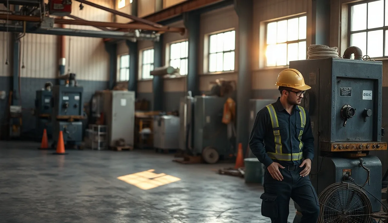 Worker in hard hat inspecting machinery on a small manufacturing shop floor