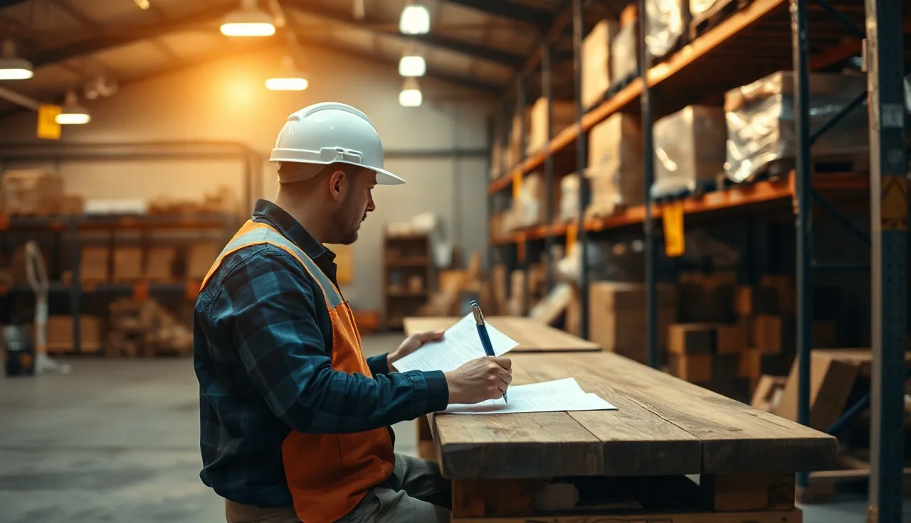 Warehouse worker completing an incidence report form at a workbench