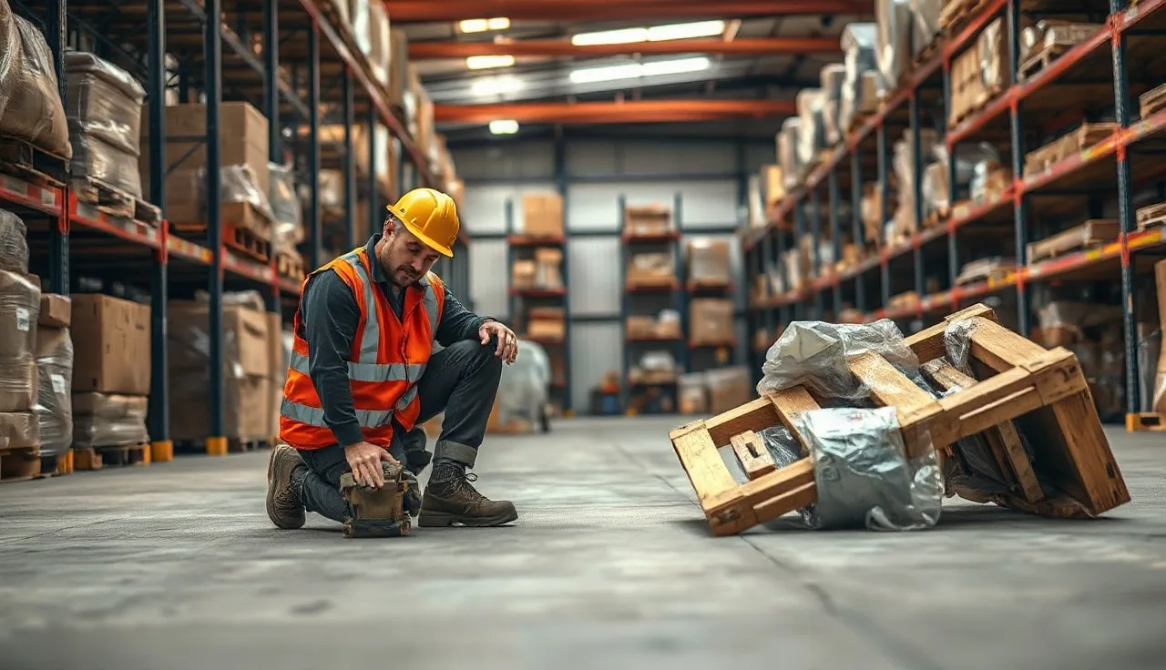 Warehouse supervisor examining the floor near an overturned pallet during an incident investigation