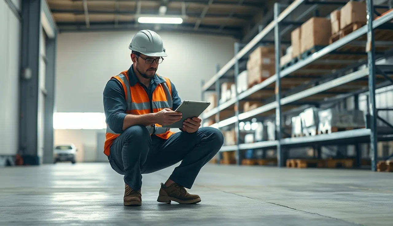 Warehouse supervisor reviewing incident scene on tablet near industrial shelving