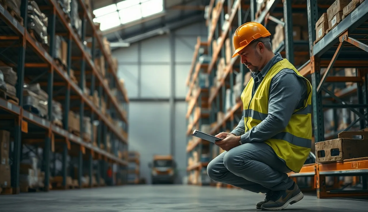 Worker in safety vest completing an incident report on clipboard in warehouse