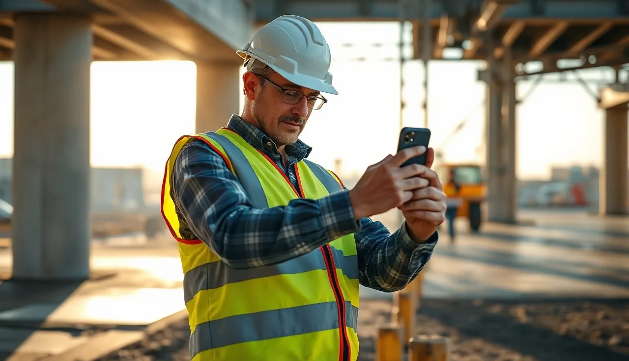Foreman using a smartphone to document a workplace hazard on a construction site