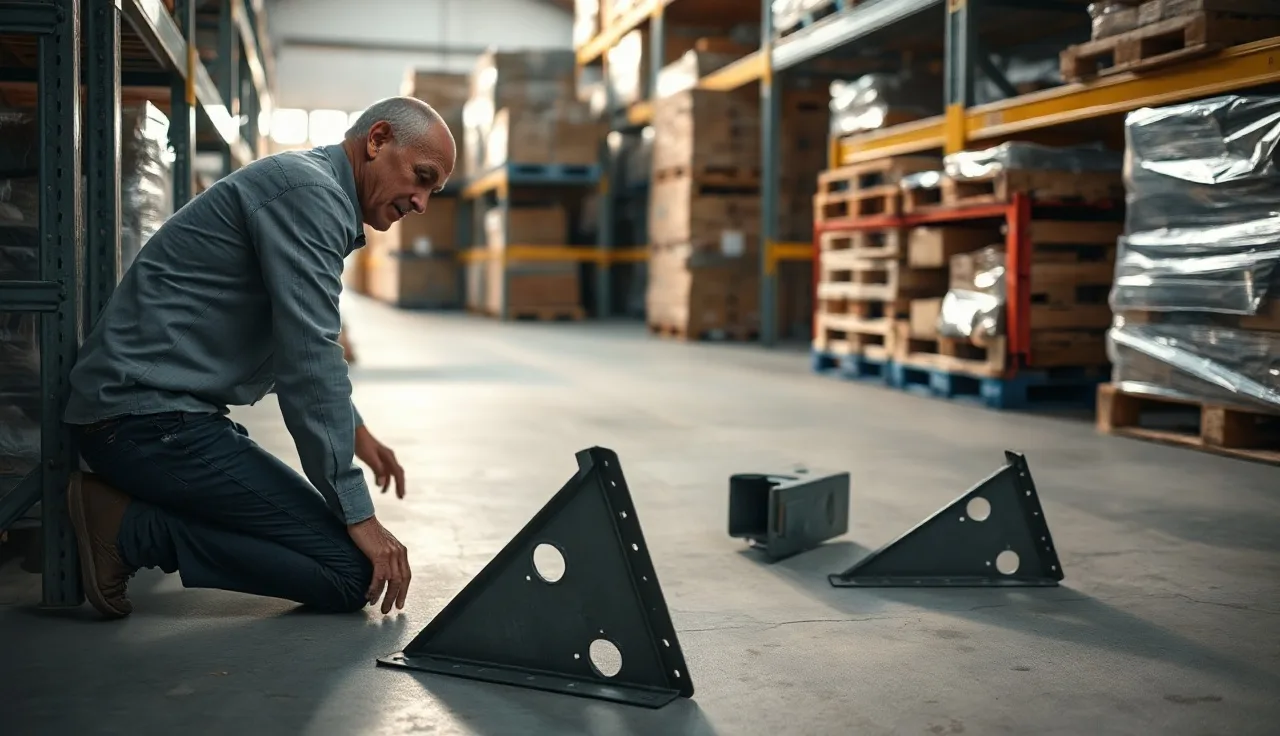 Supervisor examining an incident scene on a warehouse floor near fallen equipment