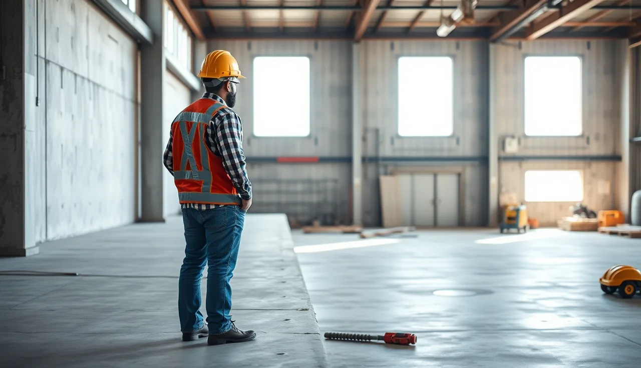 Construction worker at slab edge inside industrial building, safety gear visible