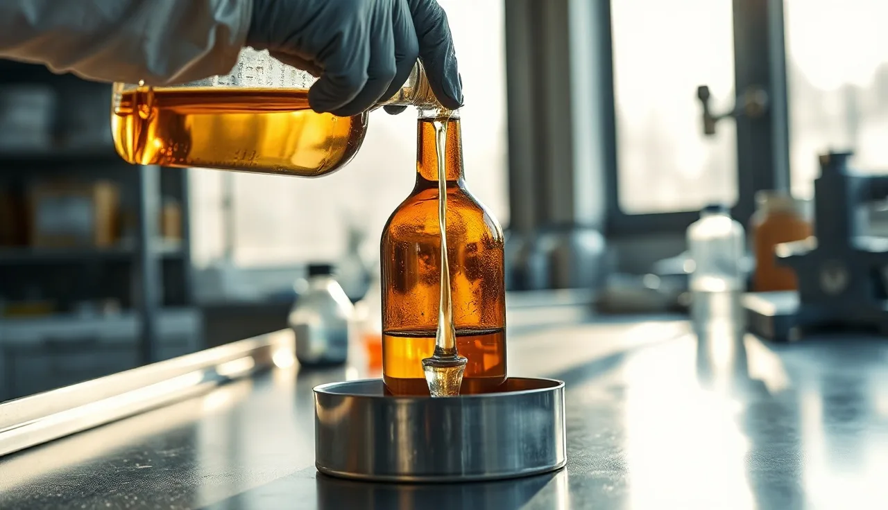 Gloved hands pouring isopropyl alcohol in an industrial laboratory setting