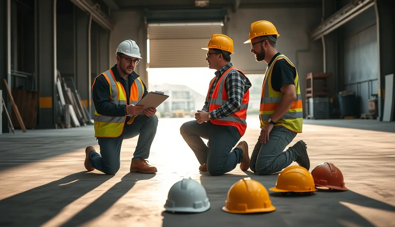 Supervisor and workers reviewing a job safety analysis form on a construction site at dawn