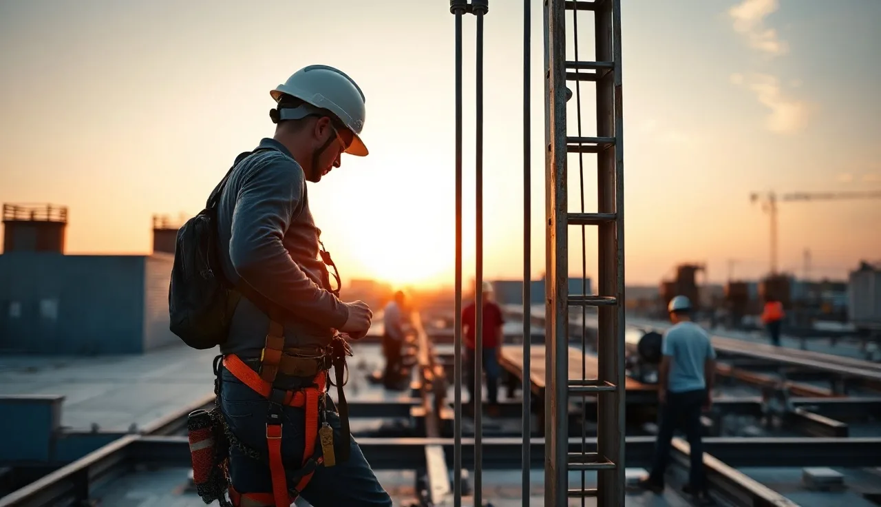 Worker in harness ascending a fixed ladder with vertical cable safety system