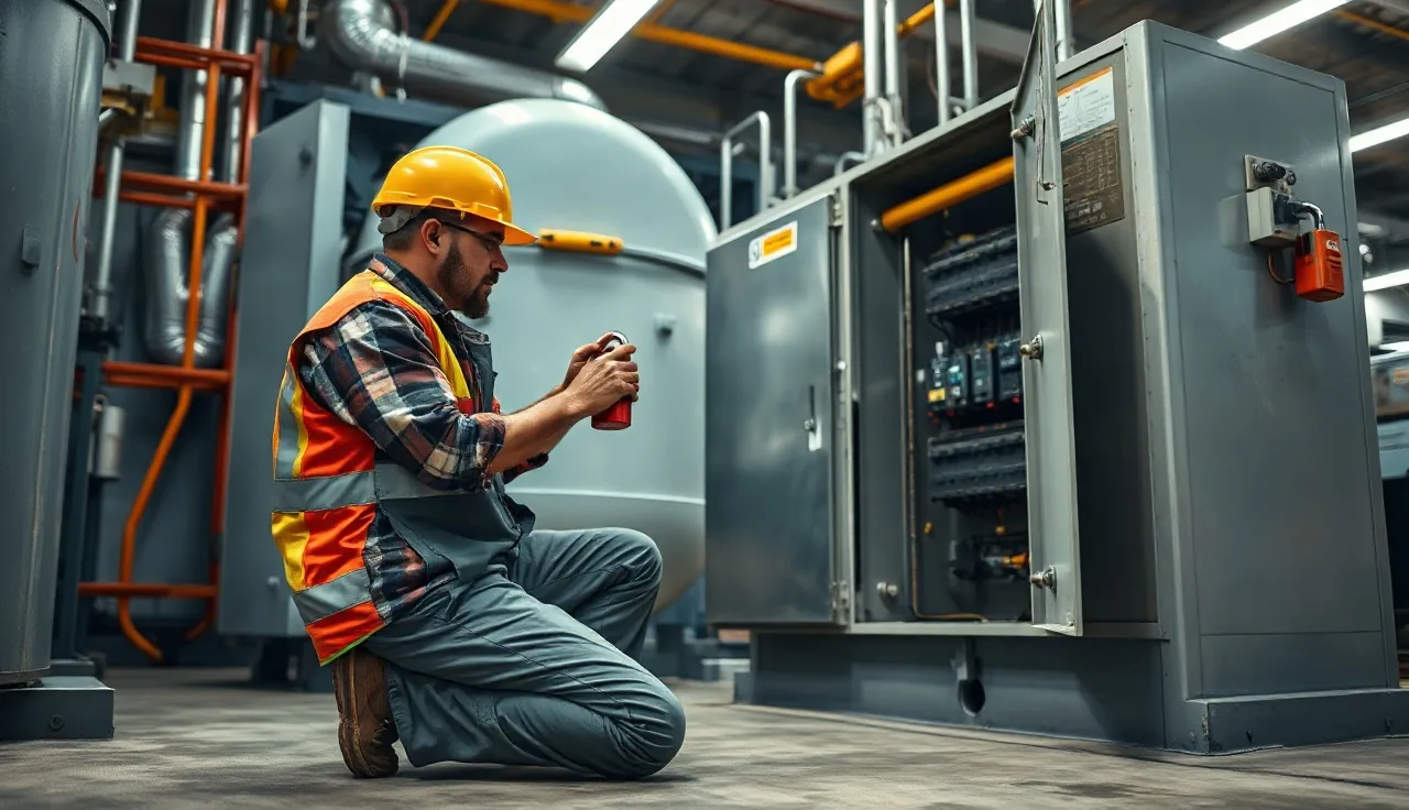 Maintenance worker applying a red padlock to a lockout hasp on industrial equipment