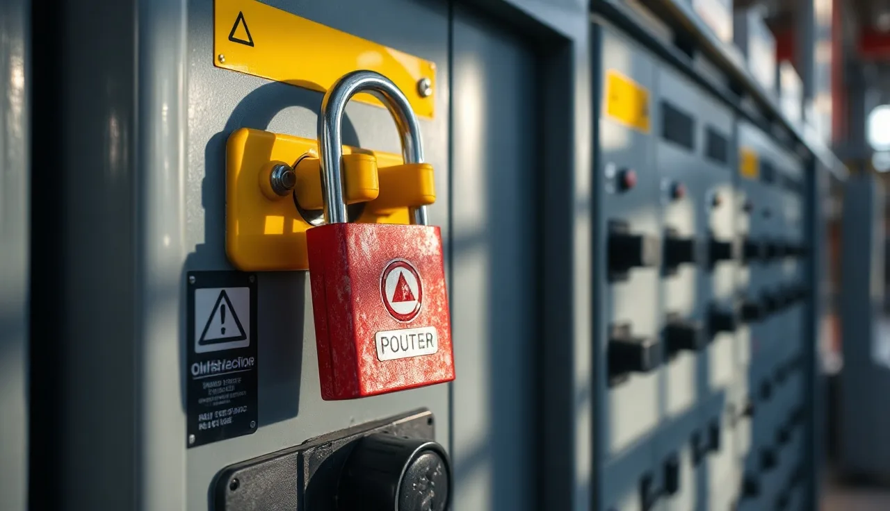 Red padlock secured to a yellow hasp on an electrical panel during lockout tagout procedure