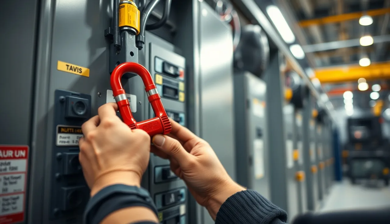 Worker applying a red lockout tagout hasp to an industrial circuit breaker panel