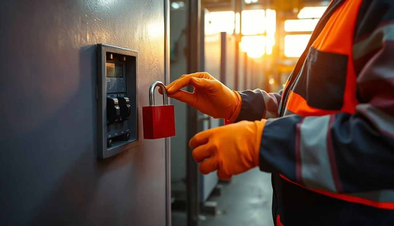 Worker applying a red lockout padlock to an industrial electrical panel disconnect