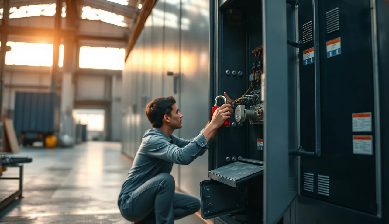 Maintenance worker applying a red padlock lockout device to an electrical disconnect panel