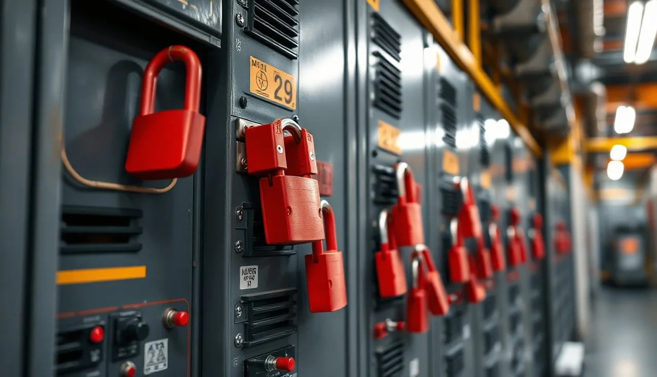 Red padlocks on industrial electrical panel breakers during lockout tagout procedure