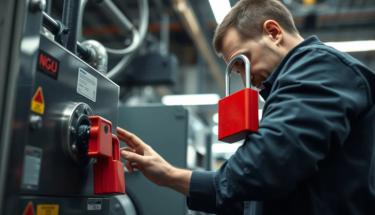 Worker applying a red lockout padlock to an industrial machine disconnect handle