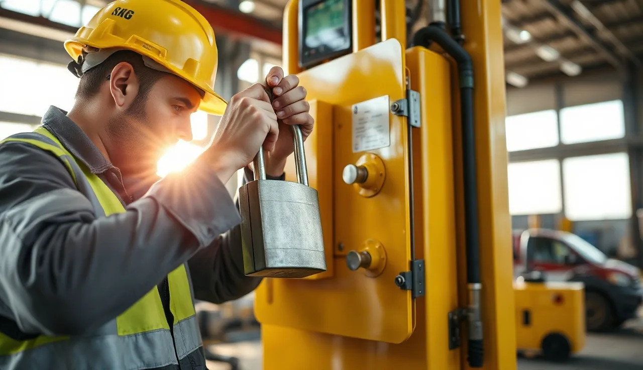 Worker applying padlock to yellow electrical disconnect panel during lockout tagout procedure