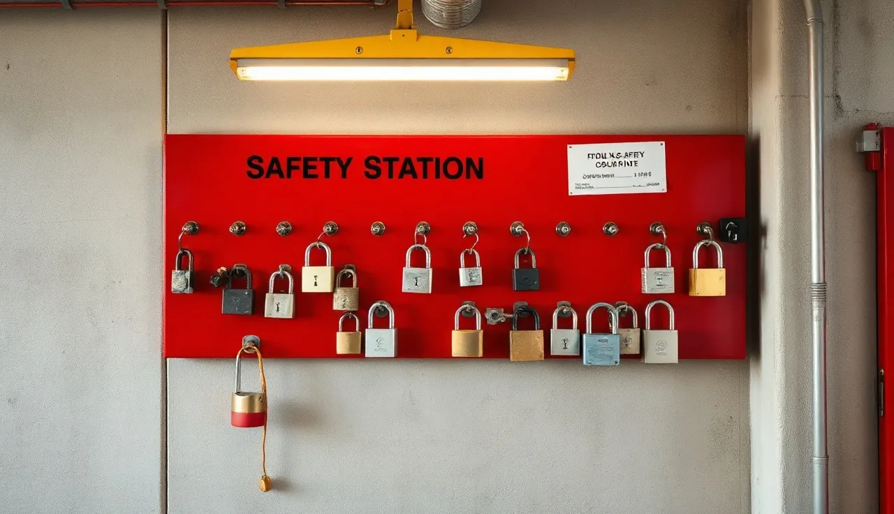 Red lockout tagout station board with padlocks and devices mounted on factory wall