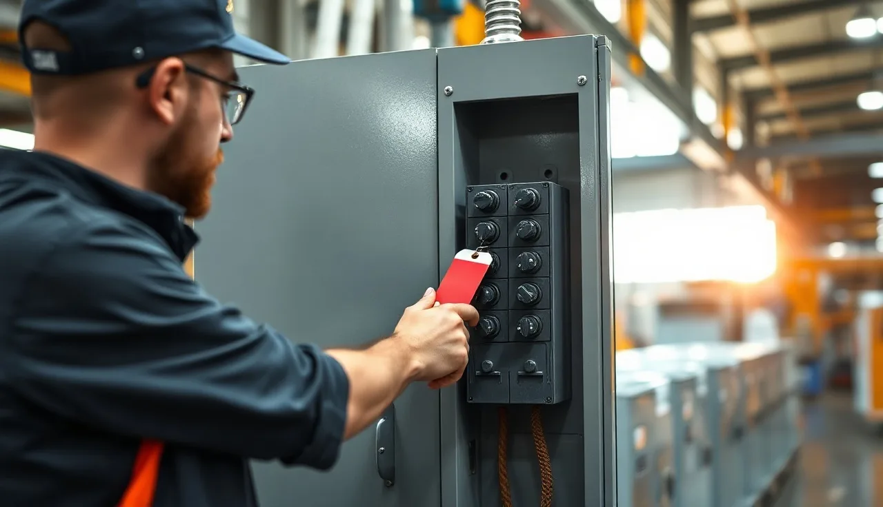 Worker attaching a red lockout tagout tag to an industrial disconnect switch