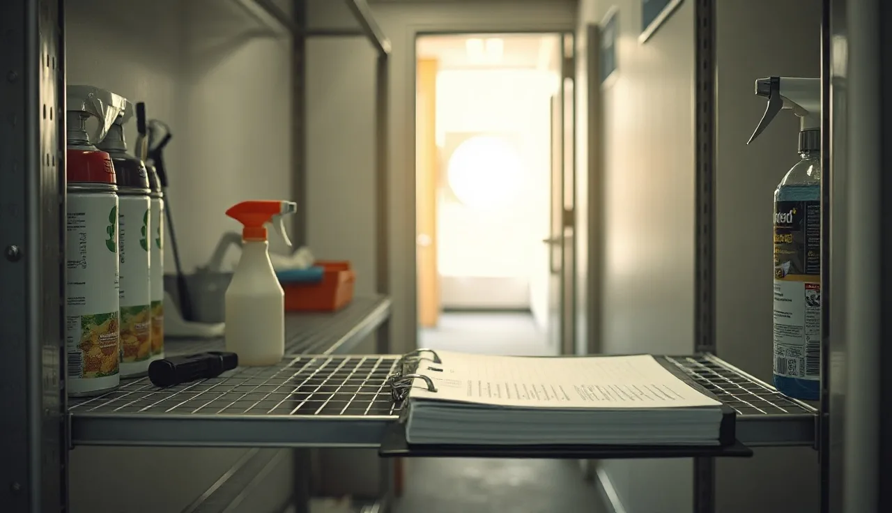 Commercial supply closet shelf with aerosol cans and a safety binder