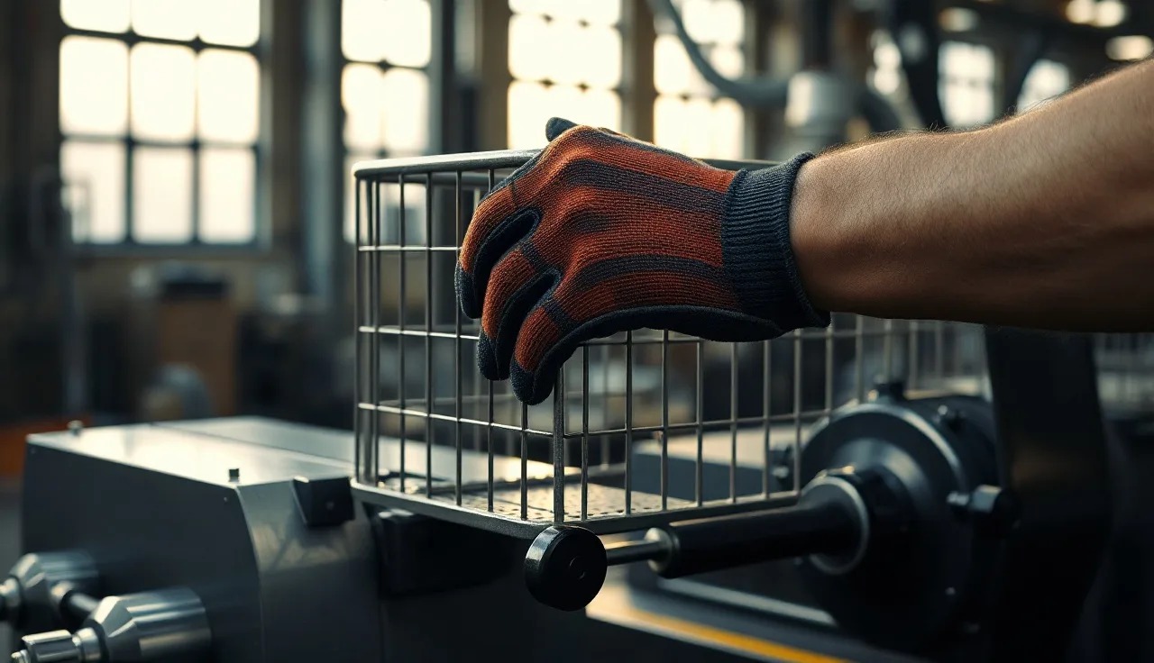 Worker adjusting a machine guard on an industrial milling machine in a factory