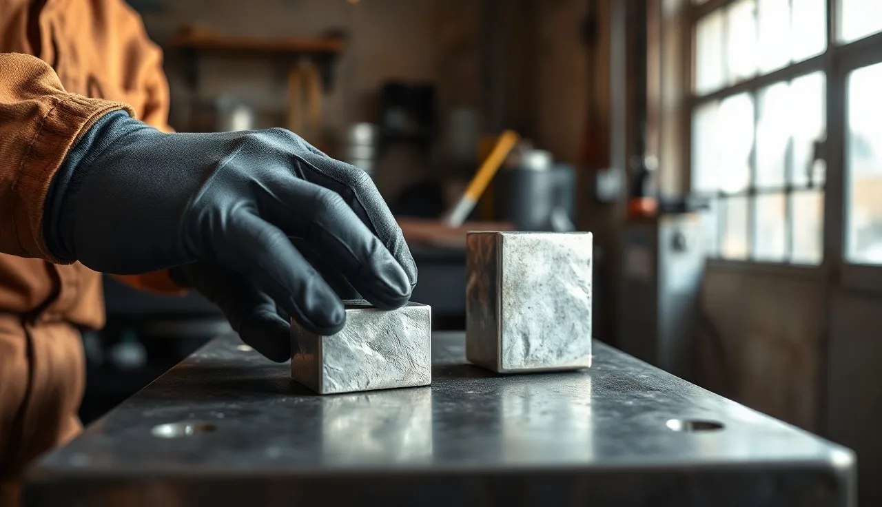 Gloved hands holding a magnesium ingot on a workbench in a fabrication shop