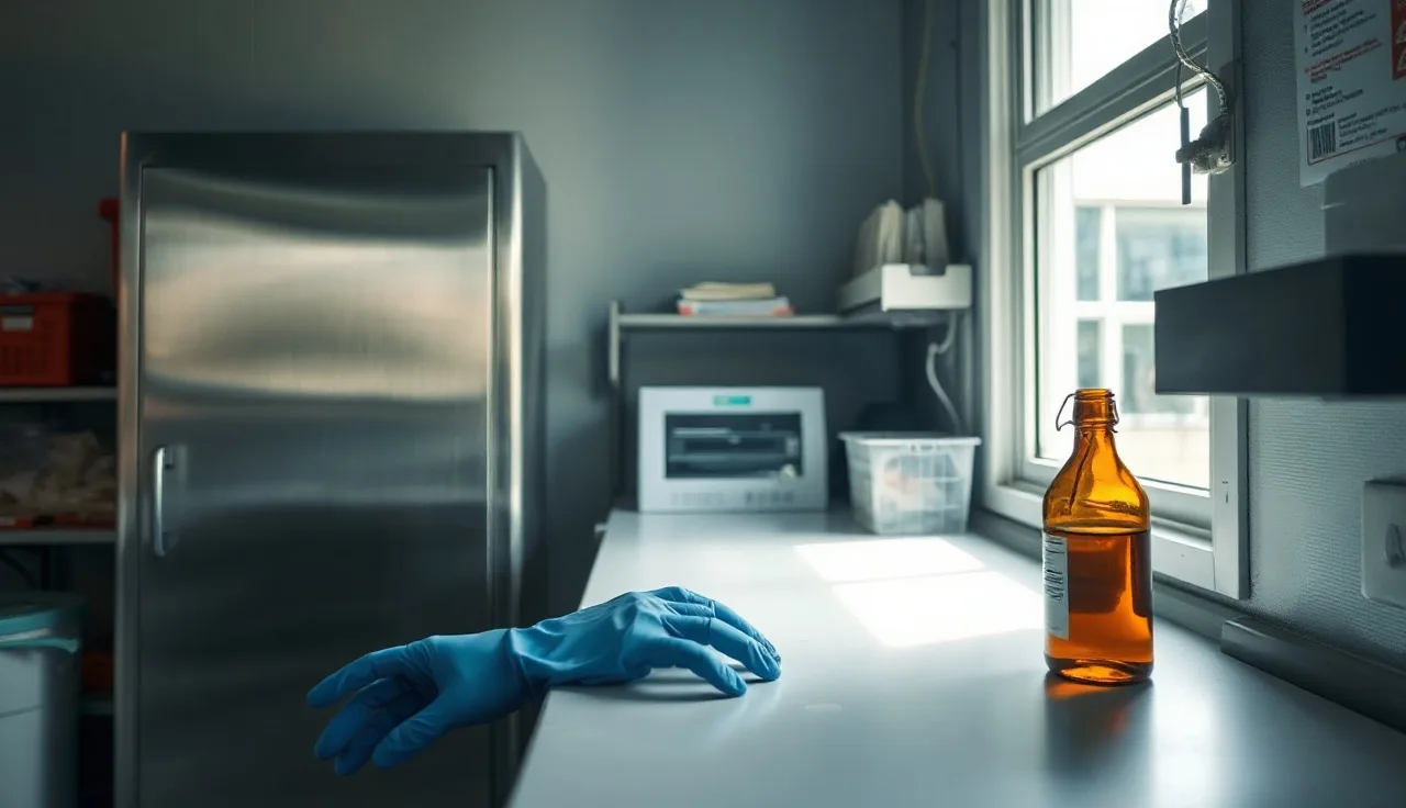 Nitrile gloves and amber bottle beside a flammable storage cabinet in an industrial lab