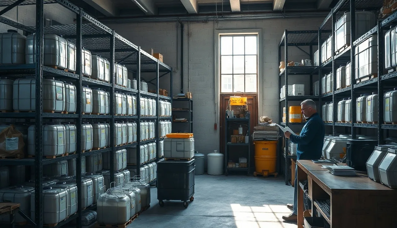 Worker reviewing a safety data sheet in an industrial chemical storage room