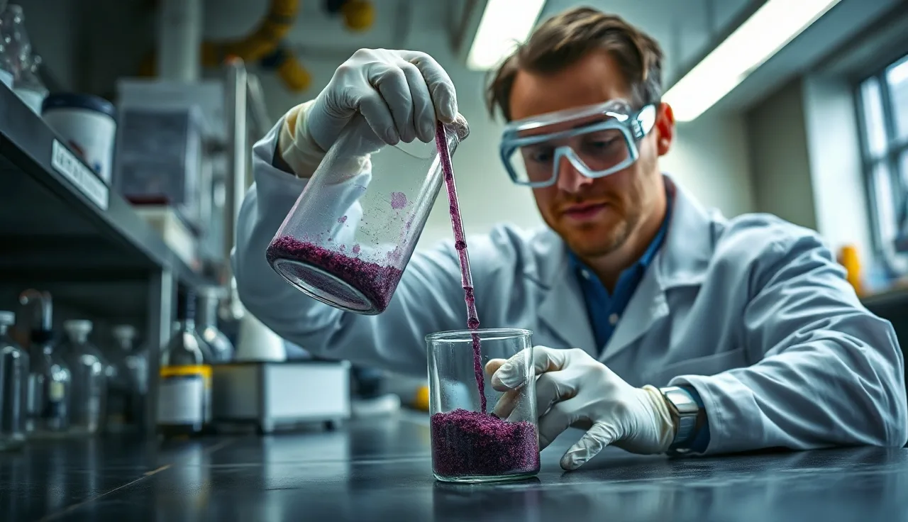 Lab worker in goggles and gloves handling purple potassium permanganate crystals at a workbench