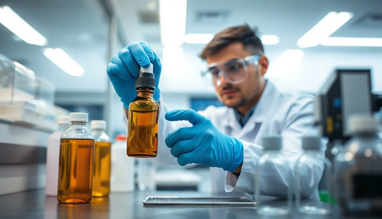 Scientist in PPE handling an amber glass bottle of silver nitrate at a lab bench