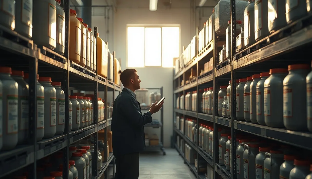 Worker reviewing chemical storage containers in an organized industrial facility