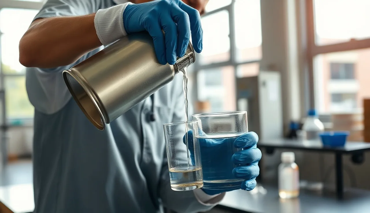 Worker in nitrile gloves transferring methanol in an industrial laboratory setting